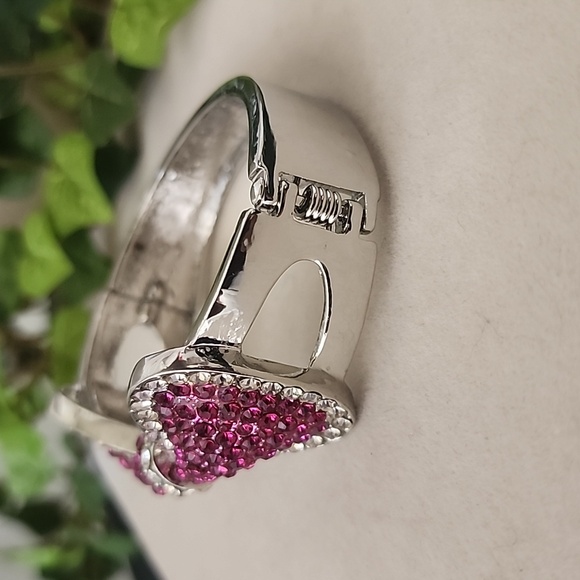 Silver with Pink and Clear CZ Bow Clamper Hinge Bling Bracelet - Picture 4 of 9